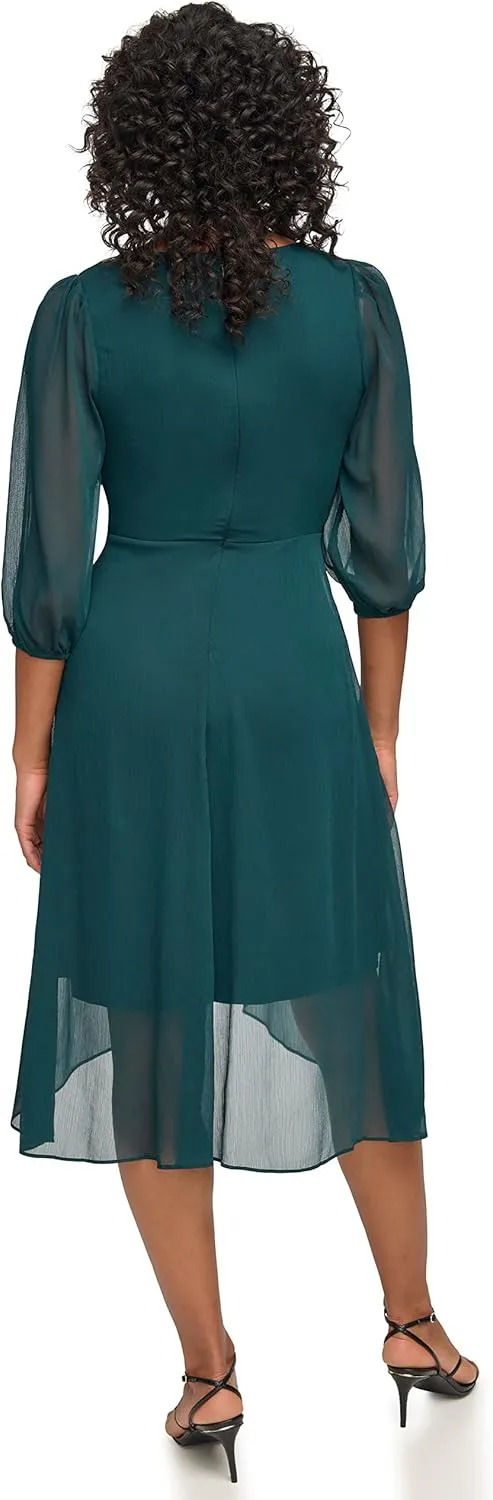 DKNY womens Chiffon 3/4 Sleeve Faux Wrap Dress