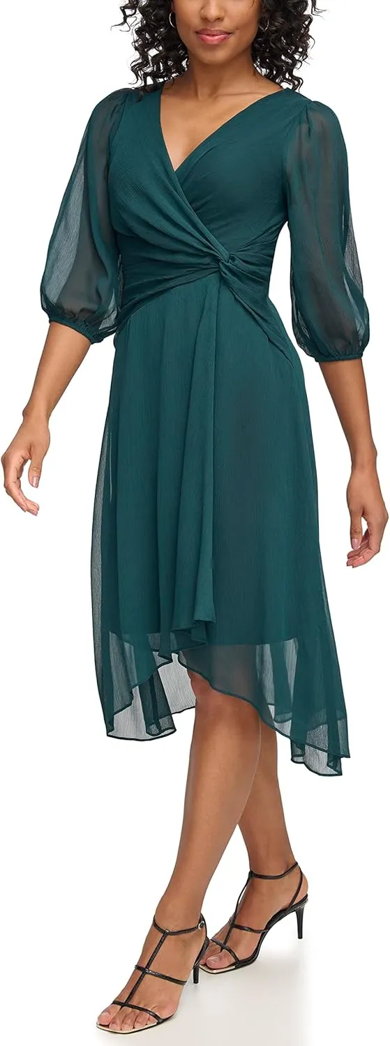 DKNY womens Chiffon 3/4 Sleeve Faux Wrap Dress