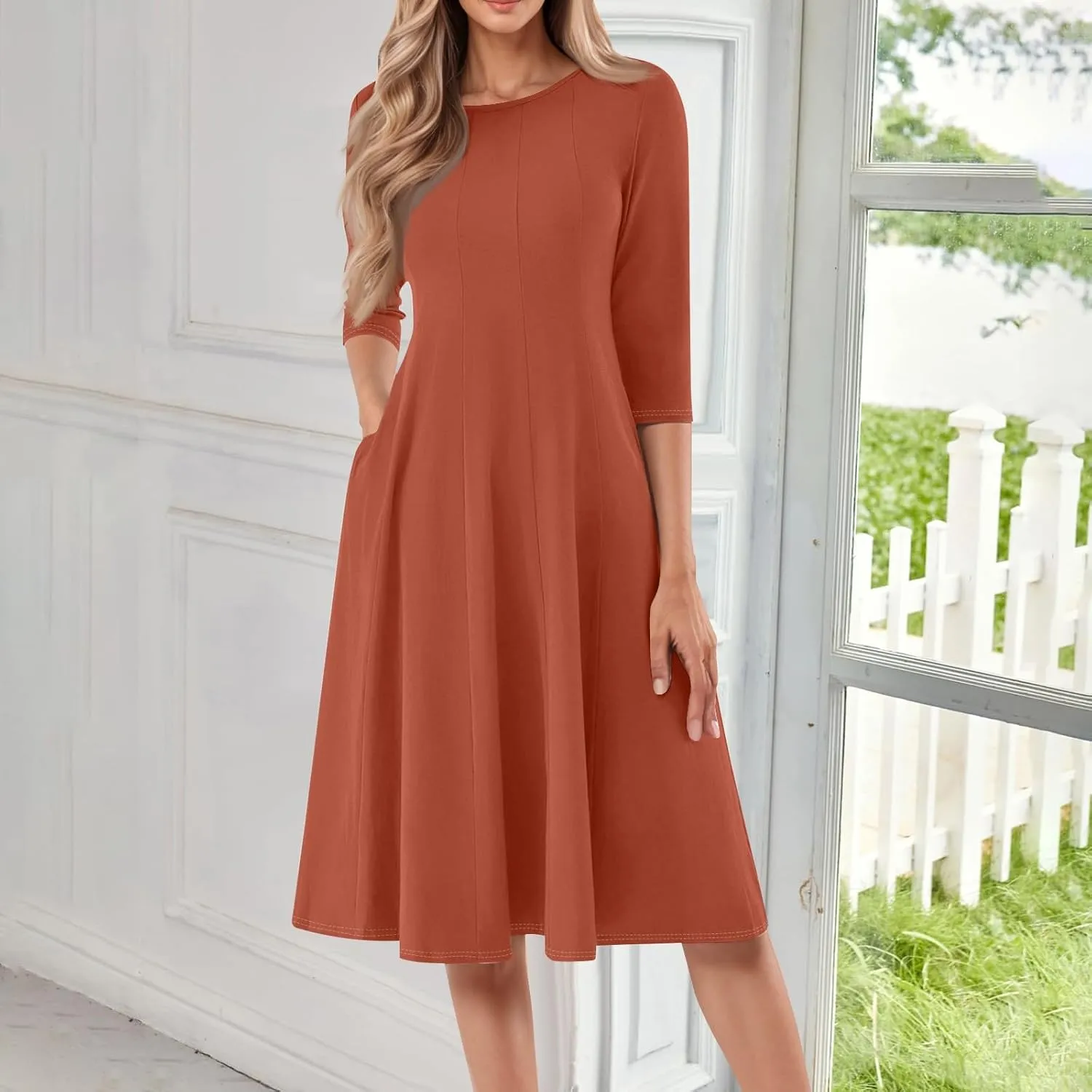 Dress for Women 3/4 Sleeve Spring Wrap Dress Solid Plain Ruched Midi Dresses Summer Crewneck Flowy Dresses with Pocket