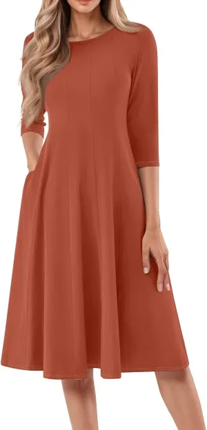 Dress for Women 3/4 Sleeve Spring Wrap Dress Solid Plain Ruched Midi Dresses Summer Crewneck Flowy Dresses with Pocket