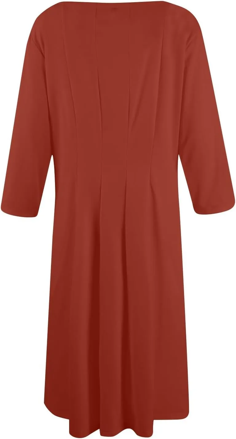 Dress for Women 3/4 Sleeve Spring Wrap Dress Solid Plain Ruched Midi Dresses Summer Crewneck Flowy Dresses with Pocket
