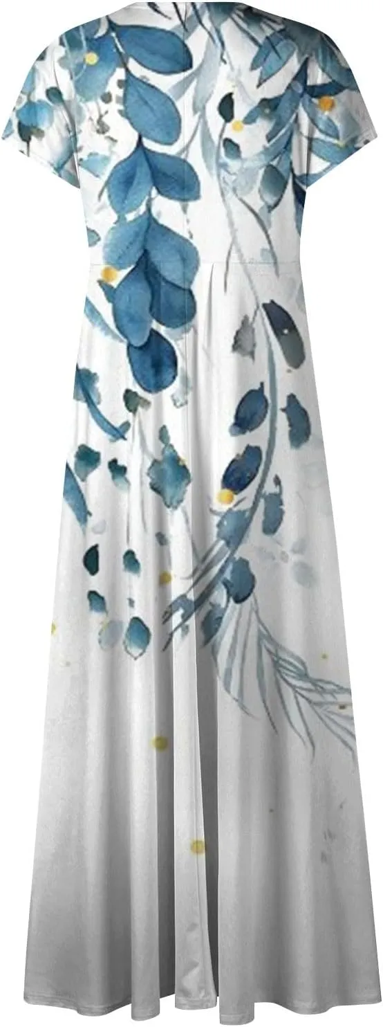 Dresses for Women 2024 Cap Sleeve Wrap V Neck Long Dresses Elegant Flowy Sundresses Floral Print Loose Beach Dress
