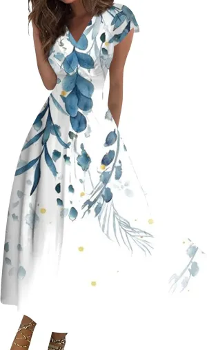 Dresses for Women 2024 Cap Sleeve Wrap V Neck Long Dresses Elegant Flowy Sundresses Floral Print Loose Beach Dress