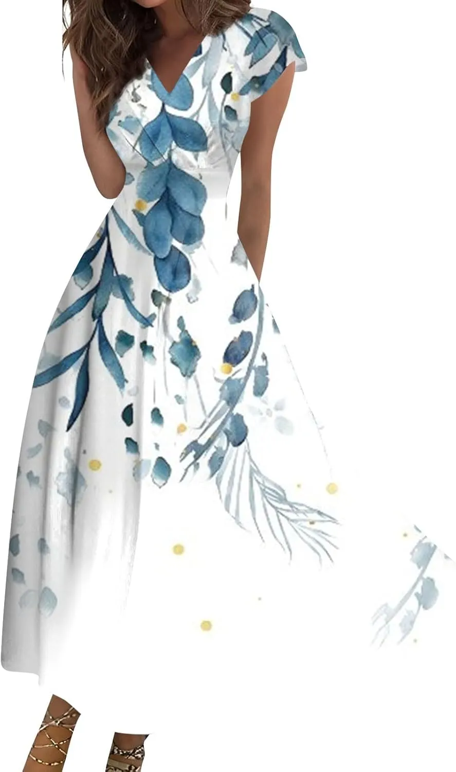 Dresses for Women 2024 Cap Sleeve Wrap V Neck Long Dresses Elegant Flowy Sundresses Floral Print Loose Beach Dress