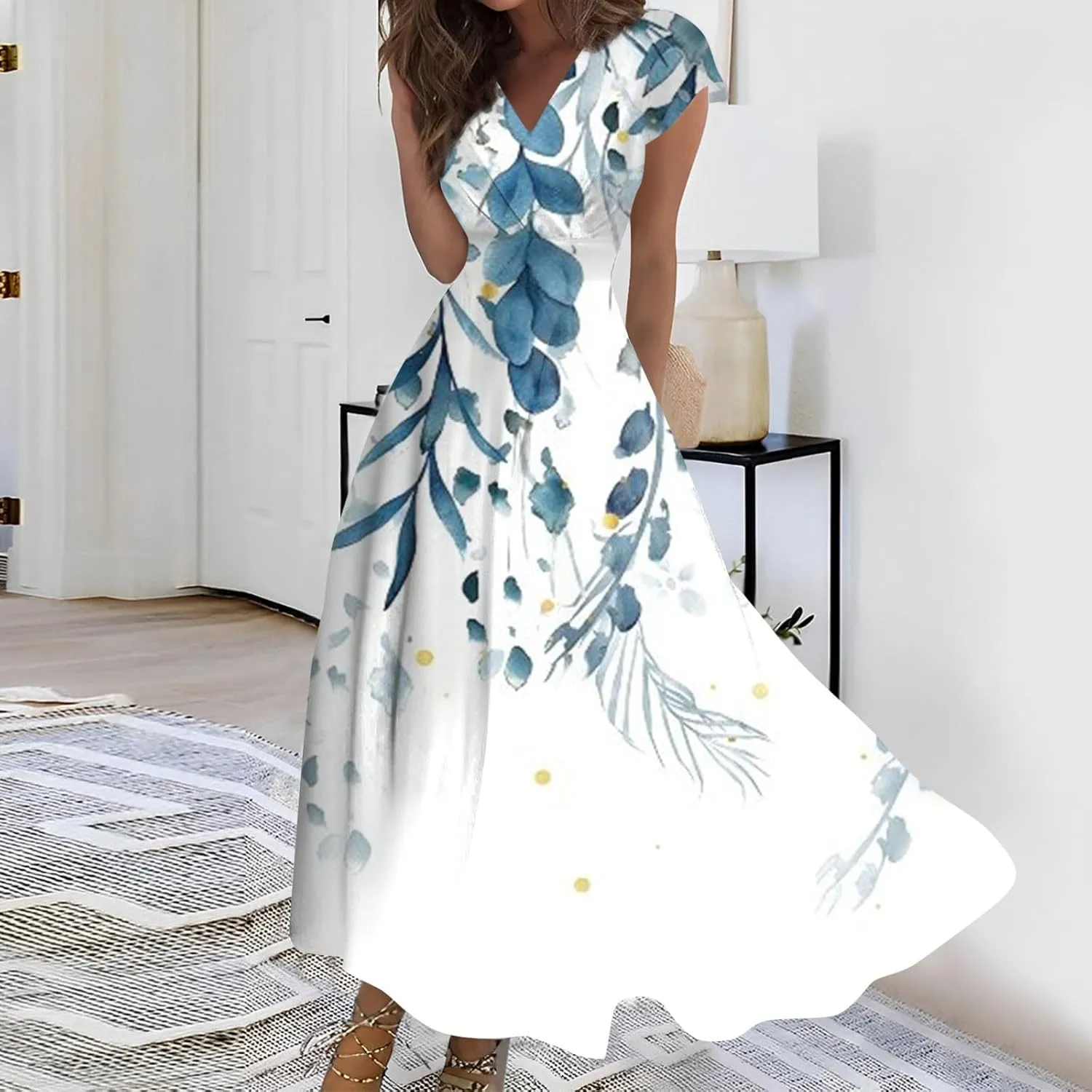 Dresses for Women 2024 Cap Sleeve Wrap V Neck Long Dresses Elegant Flowy Sundresses Floral Print Loose Beach Dress