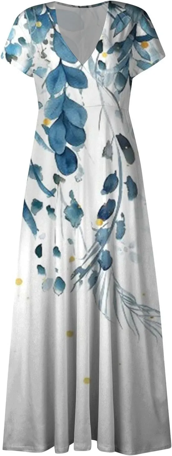 Dresses for Women 2024 Cap Sleeve Wrap V Neck Long Dresses Elegant Flowy Sundresses Floral Print Loose Beach Dress