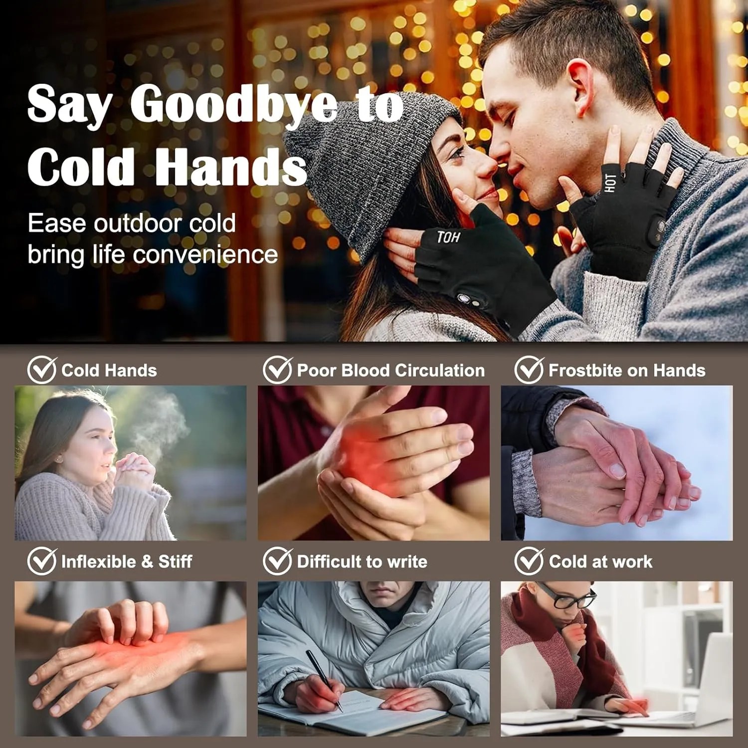 Electric Heated Fingerless Gloves for Men & Women - Touchscreen Gloves for Working in Cold Winter Weather Rechargeable, black