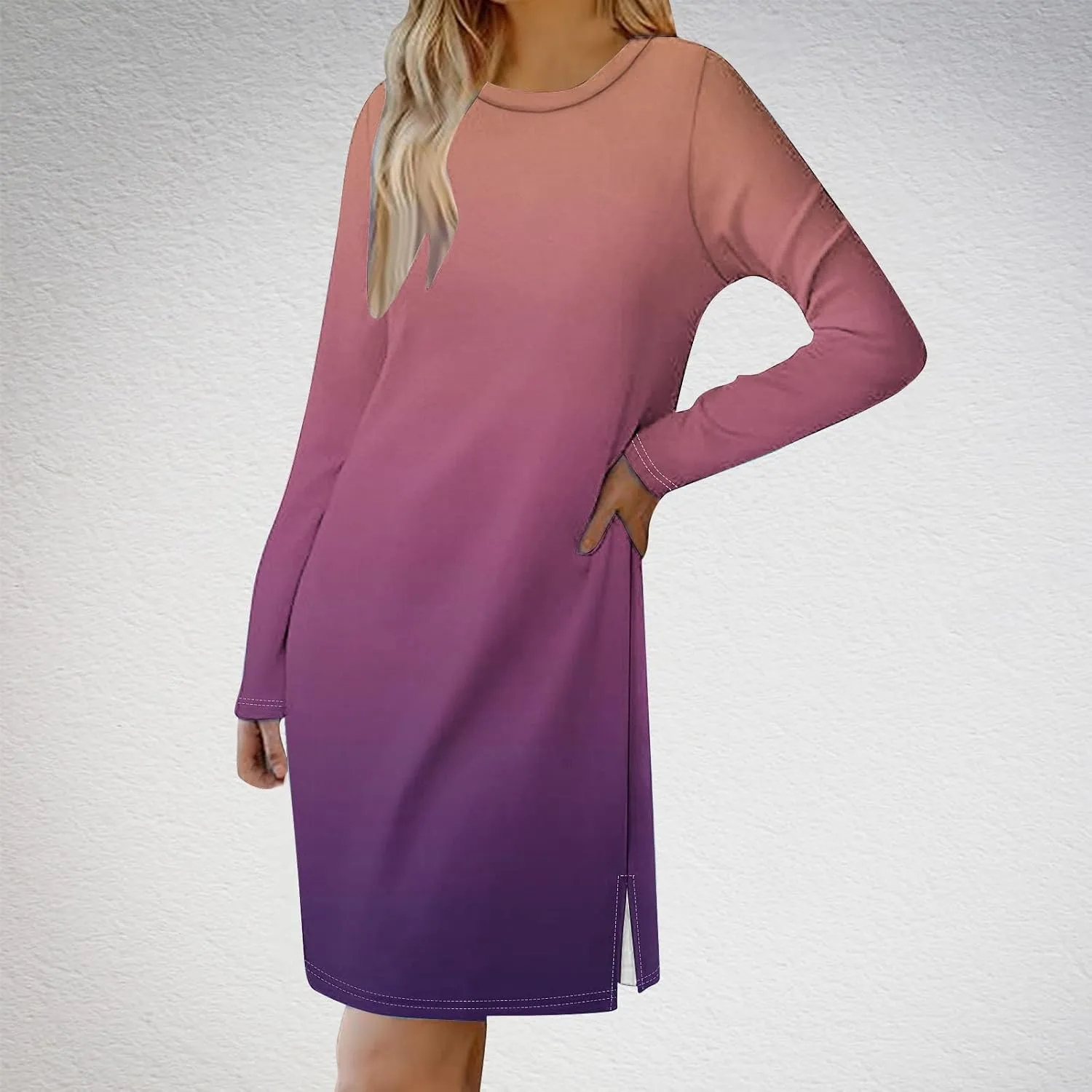 Fall Dresses for Women 2024 Casual Loose Floral Dress Long Sleeve Crew Neck Flowy Swing Mini Shift Dresses