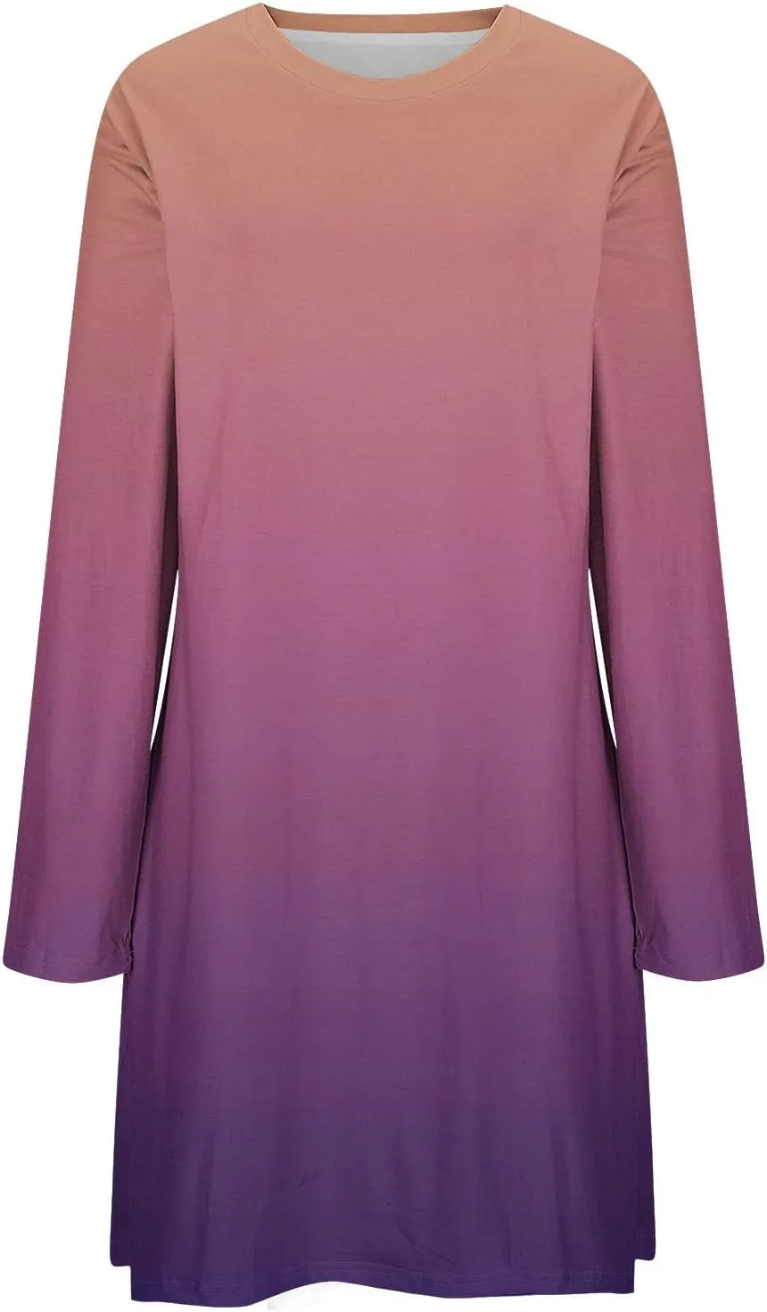Fall Dresses for Women 2024 Casual Loose Floral Dress Long Sleeve Crew Neck Flowy Swing Mini Shift Dresses