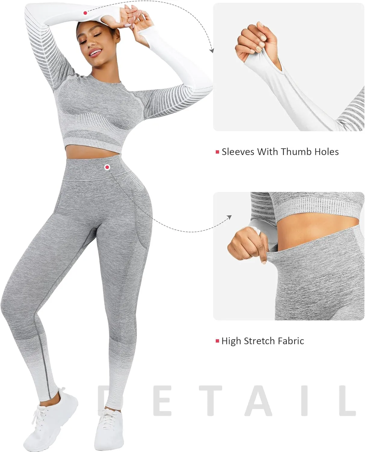 FeelinGirl Workout Sets for Women 2 Piece Long Sleeve Gym Outfit Yoga Set Crop Top High Waist Legging with Pocket