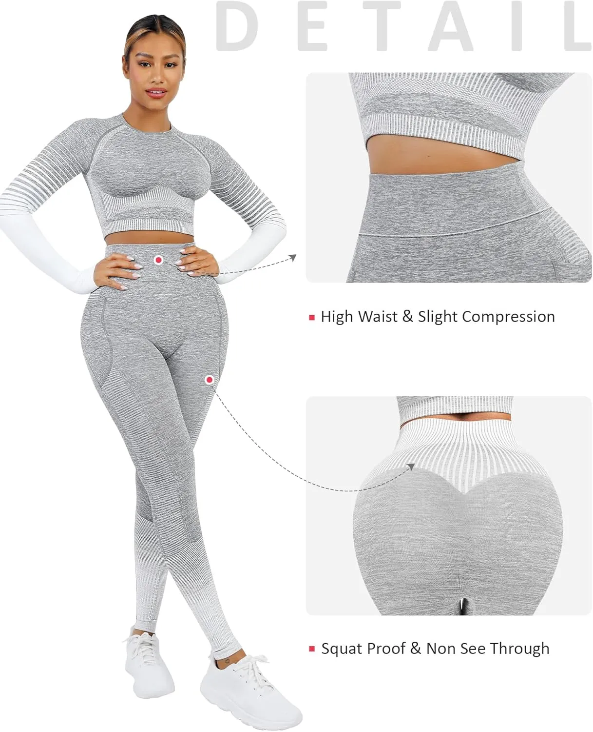 FeelinGirl Workout Sets for Women 2 Piece Long Sleeve Gym Outfit Yoga Set Crop Top High Waist Legging with Pocket