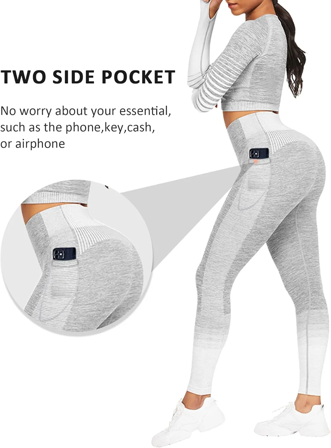 FeelinGirl Workout Sets for Women 2 Piece Long Sleeve Gym Outfit Yoga Set Crop Top High Waist Legging with Pocket