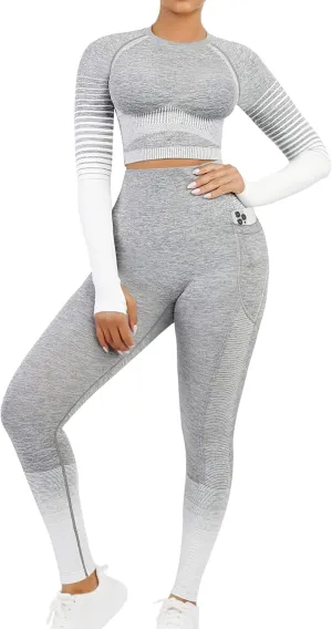 FeelinGirl Workout Sets for Women 2 Piece Long Sleeve Gym Outfit Yoga Set Crop Top High Waist Legging with Pocket