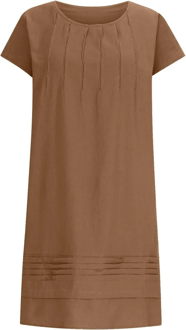 Finelylove Womens Casual Summer Cotton Linen Dresses Midi Flowy Beach Dress Short Sleeve Ruffled Shift Dress Loose Sundress