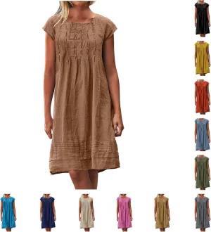 Finelylove Womens Casual Summer Cotton Linen Dresses Midi Flowy Beach Dress Short Sleeve Ruffled Shift Dress Loose Sundress