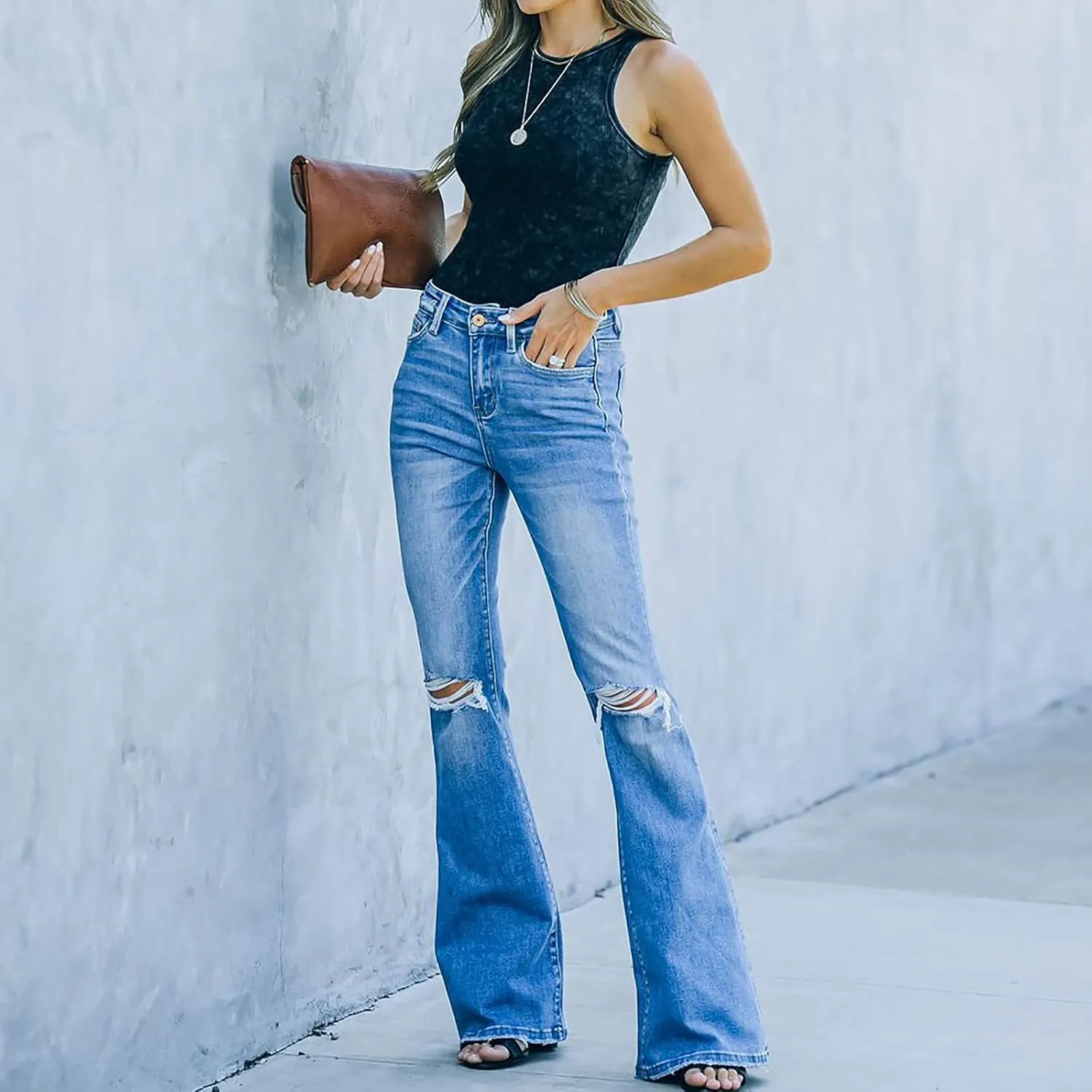 Flare Jeans for Women Bell Bottom Jeans Curvy Slim Fit Butt Lifting Denim Skinny Jeans Raw Hem Flare Denim Pants