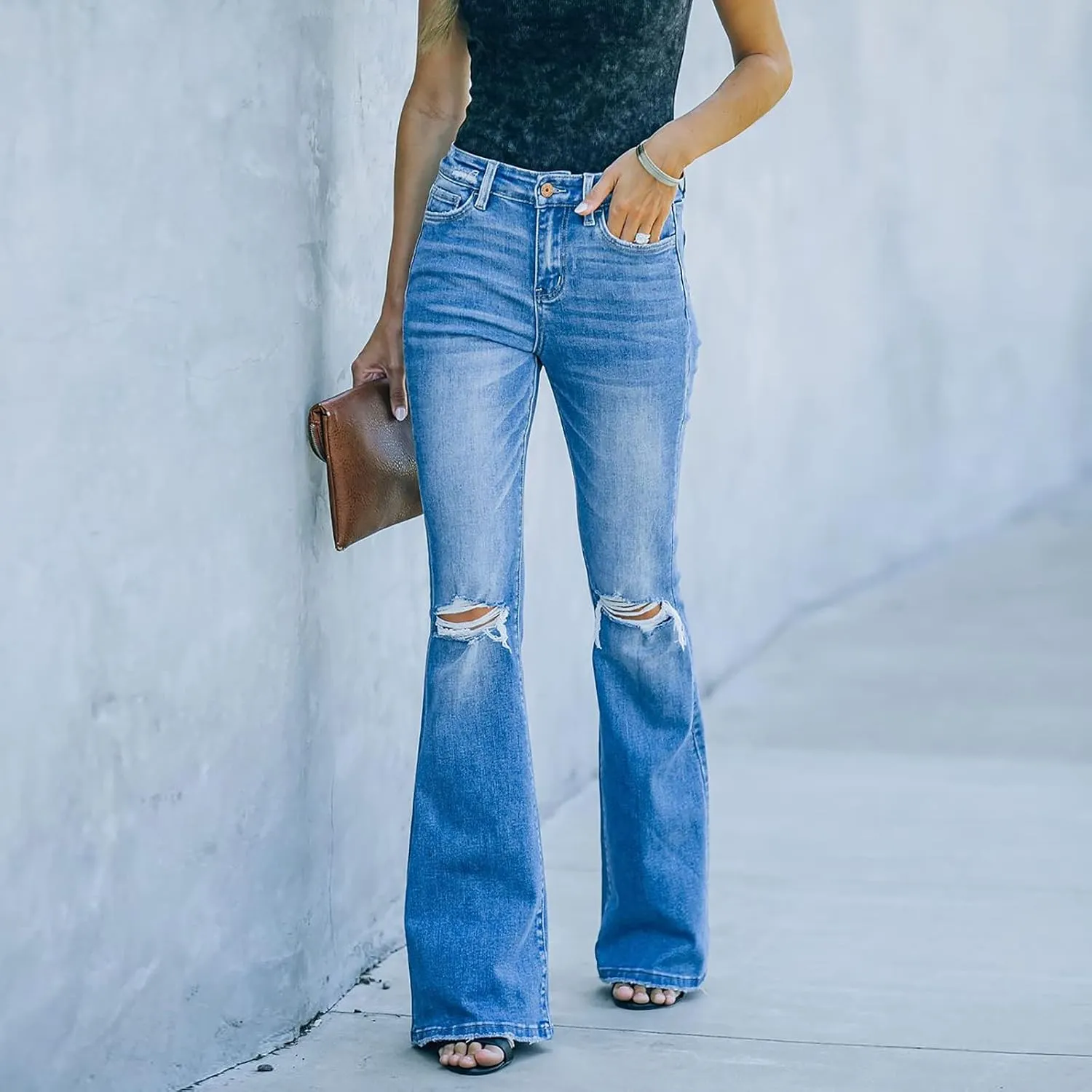 Flare Jeans for Women Bell Bottom Jeans Curvy Slim Fit Butt Lifting Denim Skinny Jeans Raw Hem Flare Denim Pants