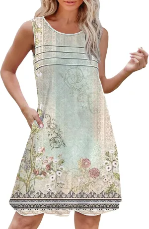 Floral Dresses for Women Womens with Pockets Summer Casual Tank Dress Sleeveless Midi Beach Dress Plus Size Dresses