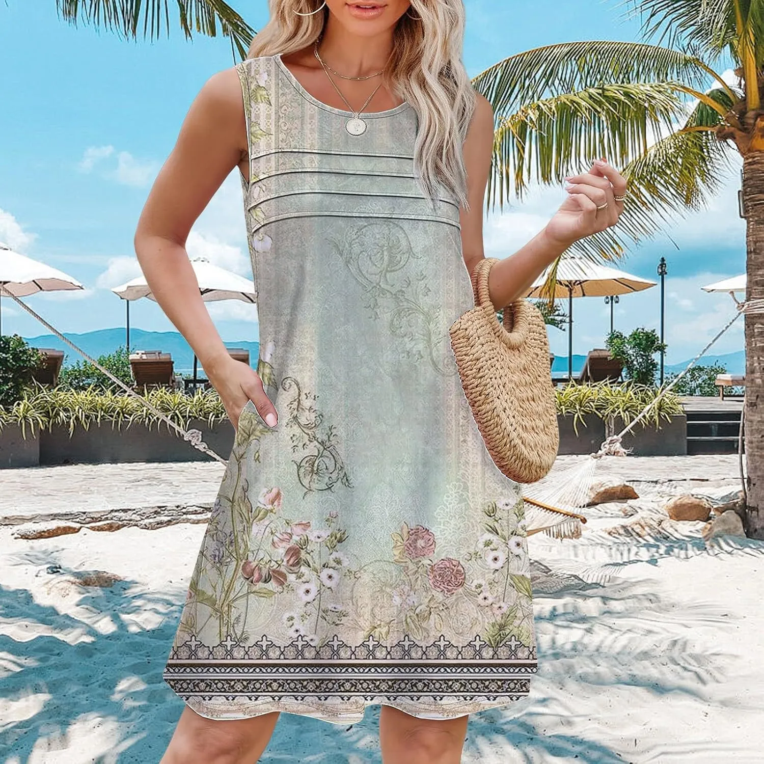 Floral Dresses for Women Womens with Pockets Summer Casual Tank Dress Sleeveless Midi Beach Dress Plus Size Dresses