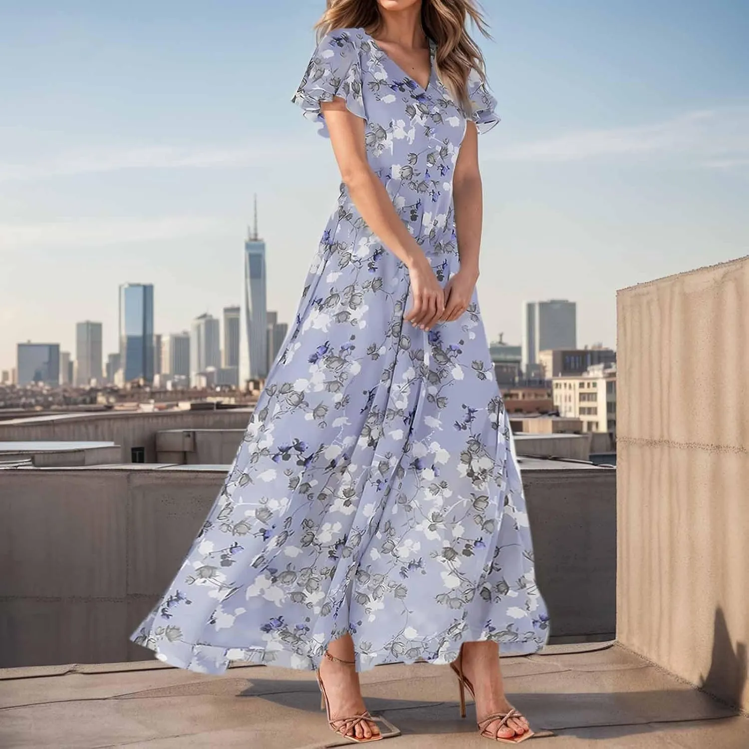 Floral Maxi Dresses for Women 2025 Summer Elegant Flutter Sleeve Long Flowy Dresses Trendy V Neck Chiffon Garden Party Dress