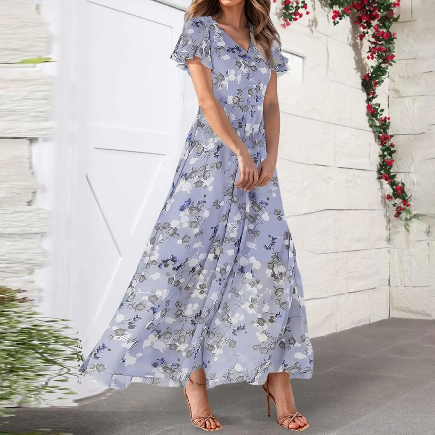 Floral Maxi Dresses for Women 2025 Summer Elegant Flutter Sleeve Long Flowy Dresses Trendy V Neck Chiffon Garden Party Dress