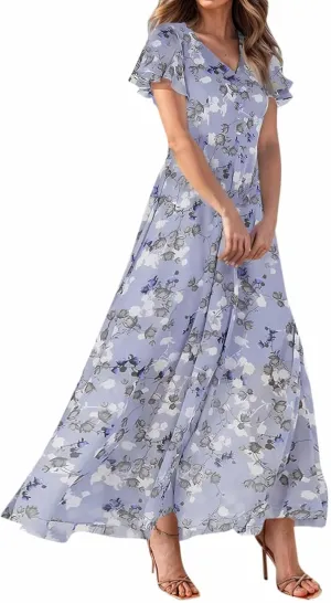 Floral Maxi Dresses for Women 2025 Summer Elegant Flutter Sleeve Long Flowy Dresses Trendy V Neck Chiffon Garden Party Dress