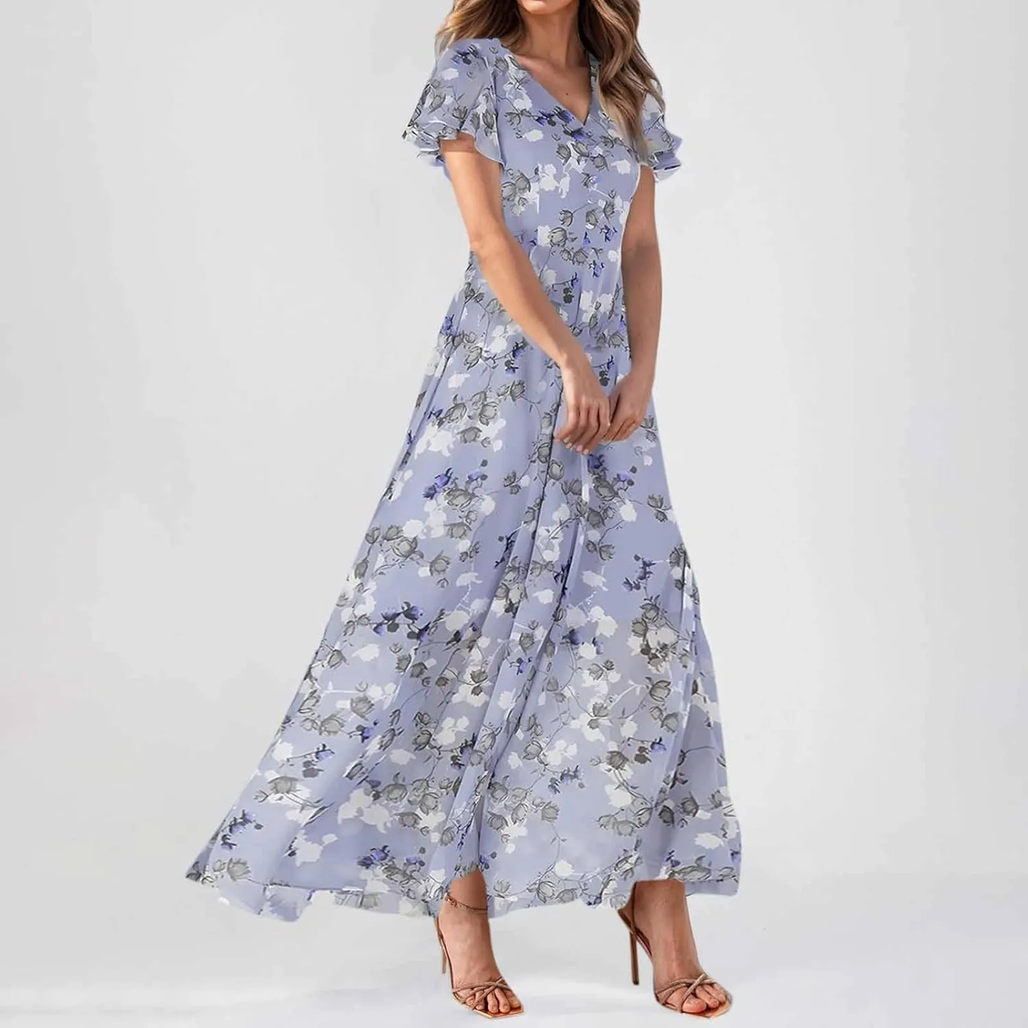 Floral Maxi Dresses for Women 2025 Summer Elegant Flutter Sleeve Long Flowy Dresses Trendy V Neck Chiffon Garden Party Dress