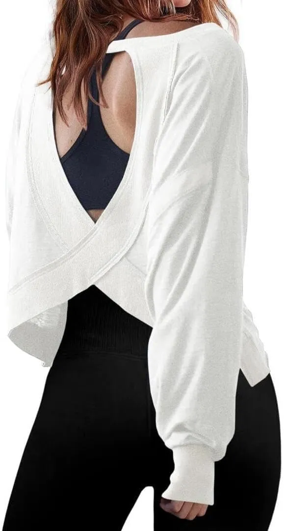 FMCHICO Backless Top for Women Crop Oversized Crewneck Pullovers Casual Loose Long Sleeve Shirts Running Y2k Yoga Outfits