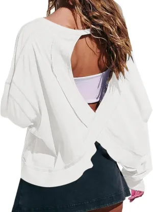 FMCHICO Backless Top for Women Crop Oversized Crewneck Pullovers Casual Loose Long Sleeve Shirts Running Y2k Yoga Outfits