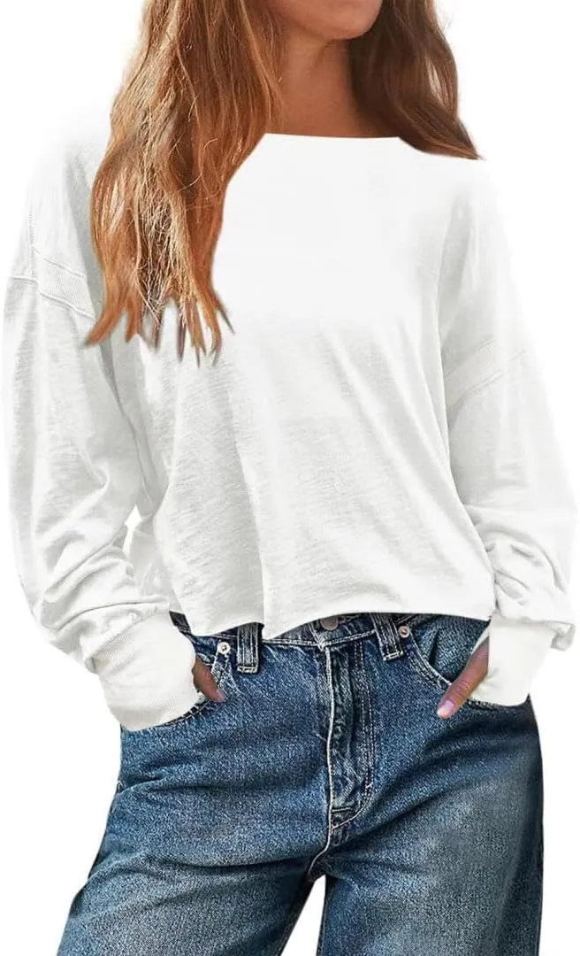 FMCHICO Backless Top for Women Crop Oversized Crewneck Pullovers Casual Loose Long Sleeve Shirts Running Y2k Yoga Outfits