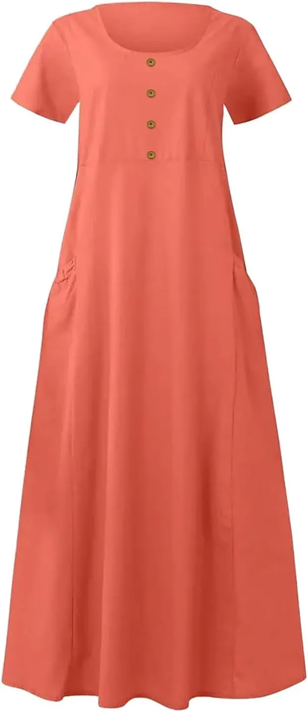 FZYLQY Swing Dresses for Womens 2024 Summer Casual Short Sleeve Cotton Linen Dress Loose Ruffle Flowy Maxi Dress with Pockets