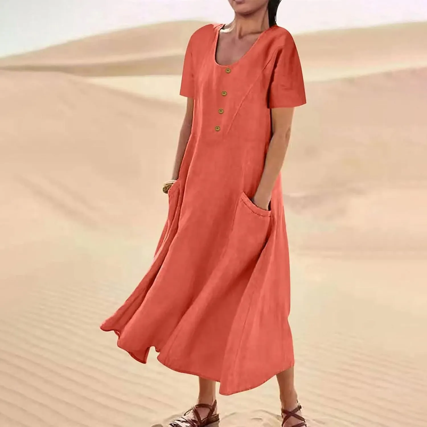 FZYLQY Swing Dresses for Womens 2024 Summer Casual Short Sleeve Cotton Linen Dress Loose Ruffle Flowy Maxi Dress with Pockets