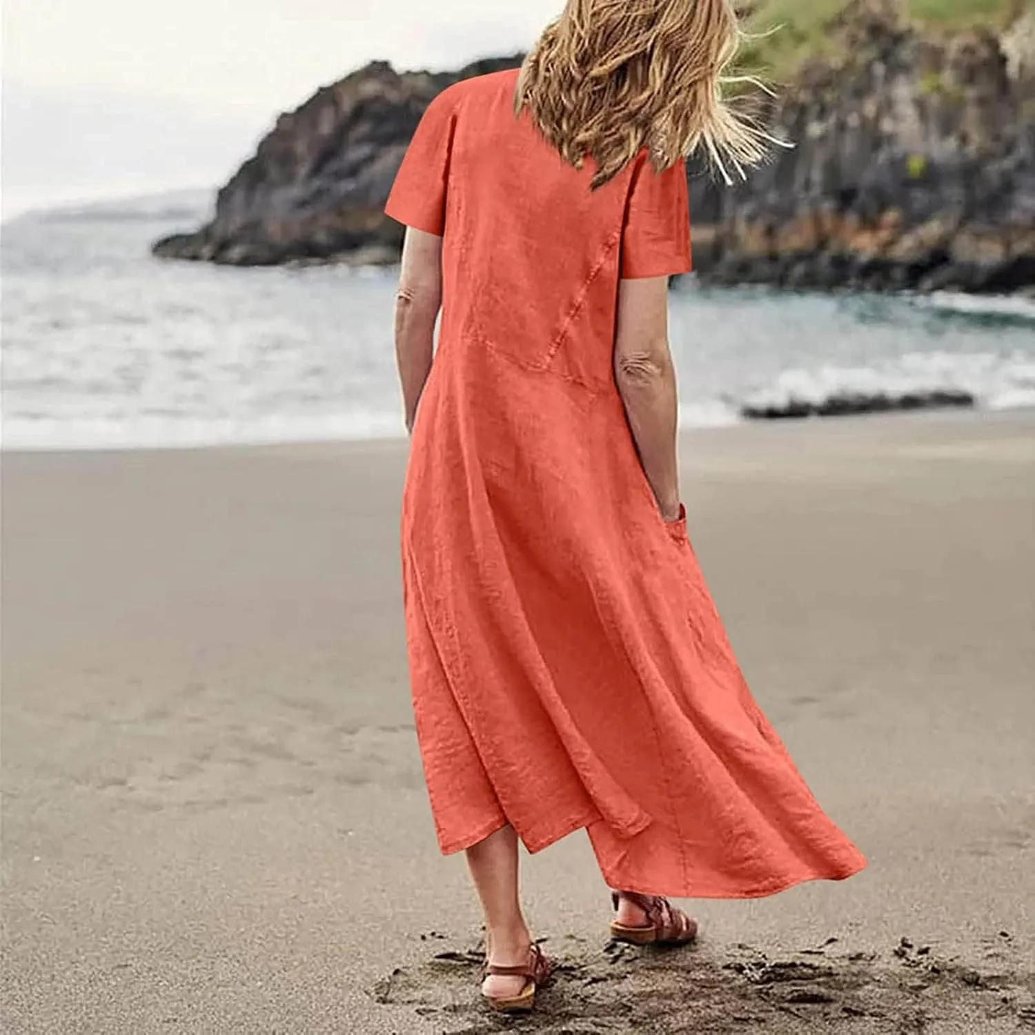 FZYLQY Swing Dresses for Womens 2024 Summer Casual Short Sleeve Cotton Linen Dress Loose Ruffle Flowy Maxi Dress with Pockets