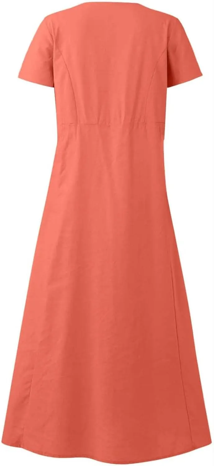 FZYLQY Swing Dresses for Womens 2024 Summer Casual Short Sleeve Cotton Linen Dress Loose Ruffle Flowy Maxi Dress with Pockets