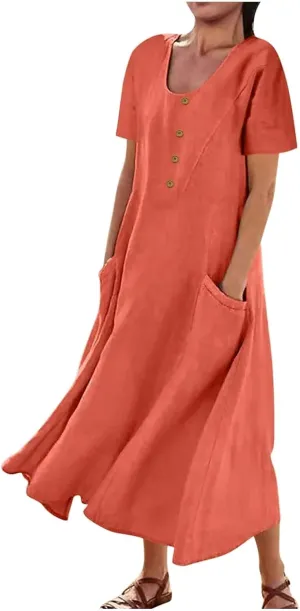 FZYLQY Swing Dresses for Womens 2024 Summer Casual Short Sleeve Cotton Linen Dress Loose Ruffle Flowy Maxi Dress with Pockets