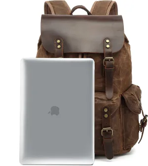 Genuine Leather Canvas waxed Backpack Travel Rucksack Laptop Bag
