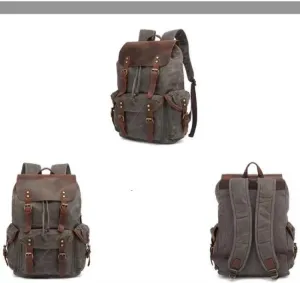 Genuine Leather Canvas waxed Backpack Travel Rucksack Laptop Bag