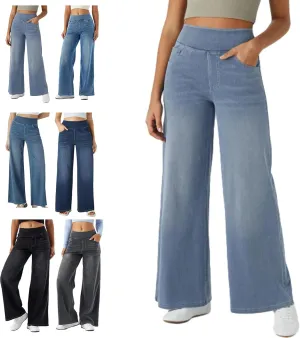 Grevela Pull Up Jeans, Grevela Stretch Jeans, Women's Wide Leg Pants, High Waisted Stretch Pull-on Baggy Denim Pants