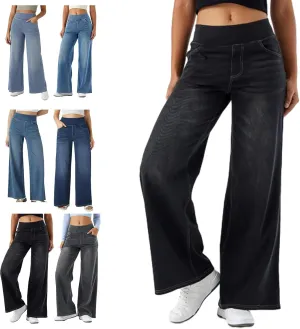 Grevela Pull Up Jeans, Grevela Stretch Jeans, Women's Wide Leg Pants, High Waisted Stretch Pull-on Baggy Denim Pants