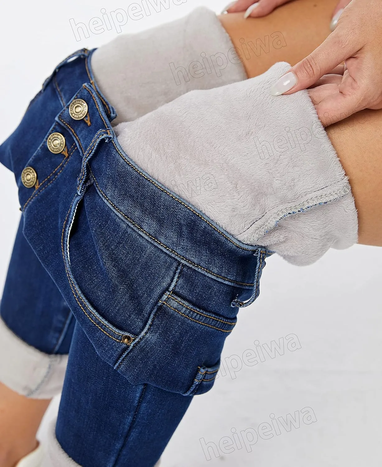 heipeiwa Fleece Lined Jeans Women's Winter Thermal Jeans Flannel Lined Skinny Denim Jeans 4 Buttons