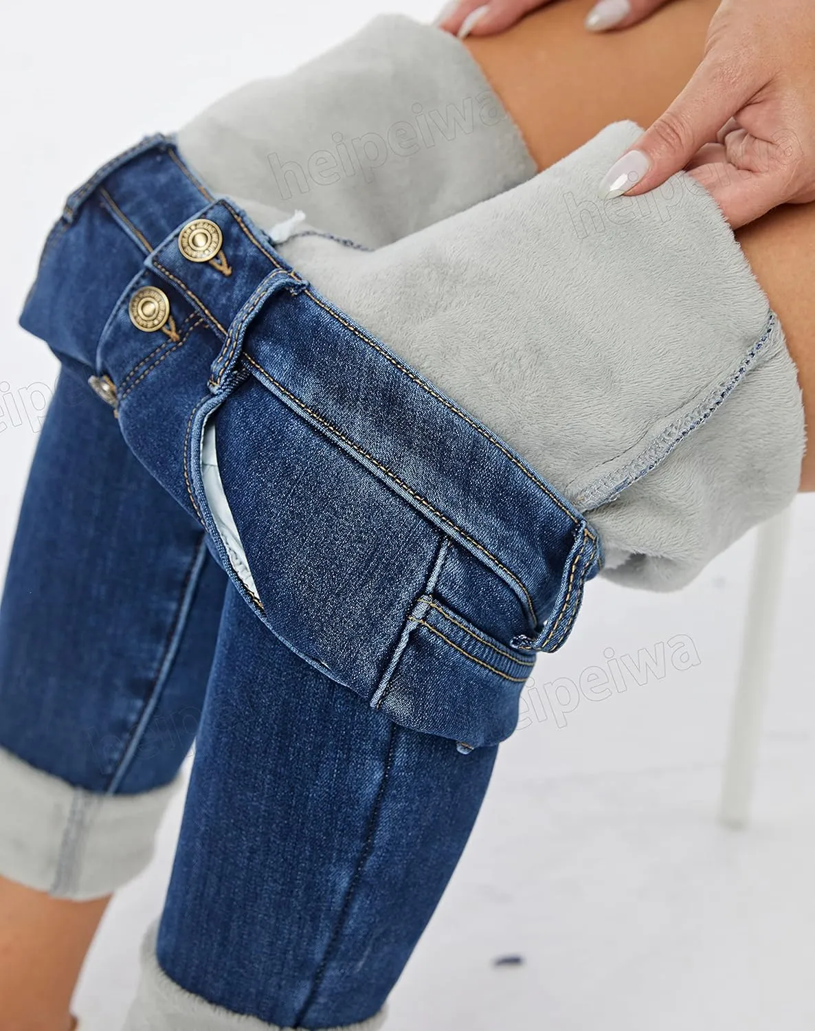heipeiwa Fleece Lined Jeans Women's Winter Thermal Jeans Flannel Lined Skinny Denim Jeans 4 Buttons
