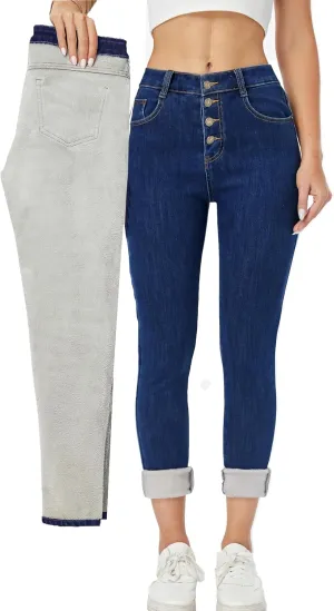 heipeiwa Fleece Lined Jeans Women's Winter Thermal Jeans Flannel Lined Skinny Denim Jeans 4 Buttons