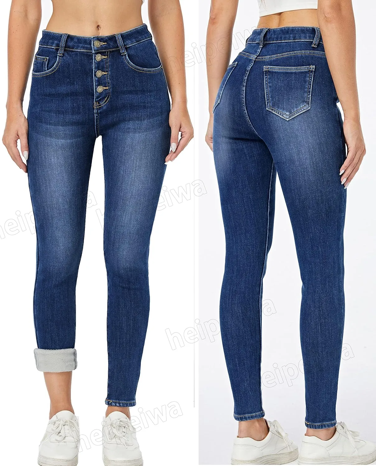 heipeiwa Fleece Lined Jeans Women's Winter Thermal Jeans Flannel Lined Skinny Denim Jeans 4 Buttons