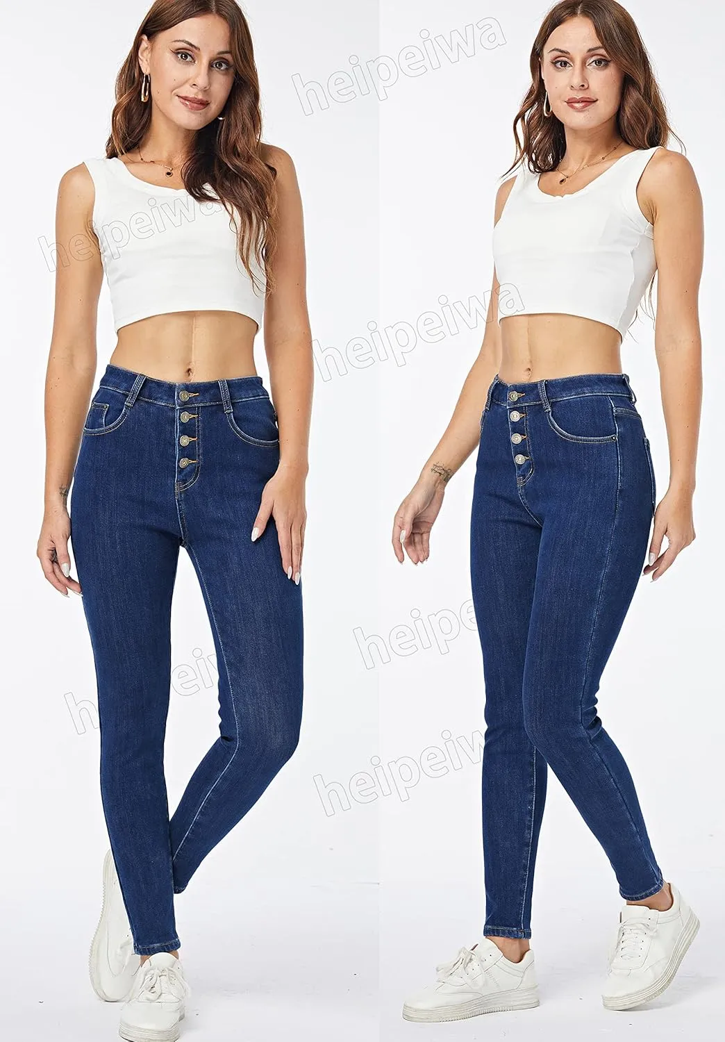 heipeiwa Fleece Lined Jeans Women's Winter Thermal Jeans Flannel Lined Skinny Denim Jeans 4 Buttons