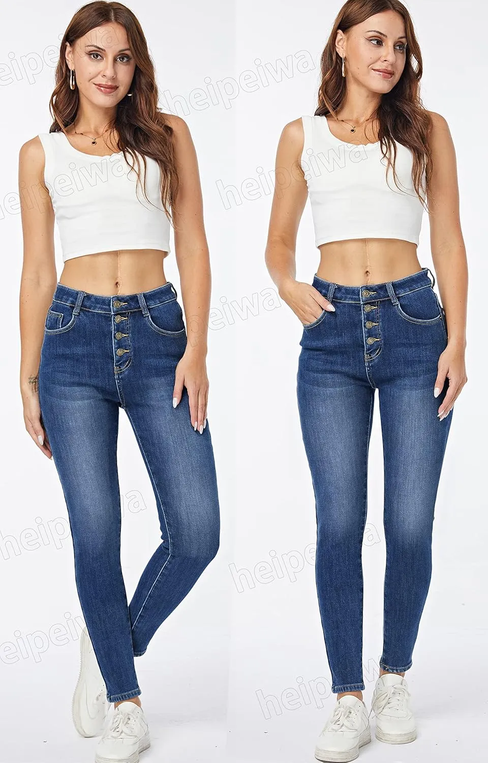 heipeiwa Fleece Lined Jeans Women's Winter Thermal Jeans Flannel Lined Skinny Denim Jeans 4 Buttons