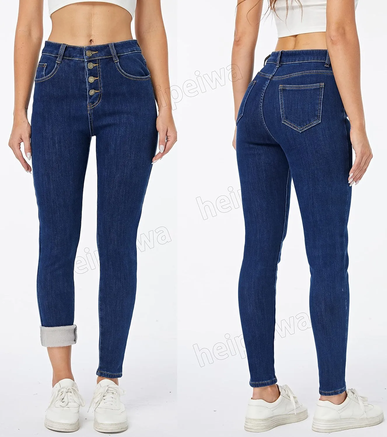 heipeiwa Fleece Lined Jeans Women's Winter Thermal Jeans Flannel Lined Skinny Denim Jeans 4 Buttons