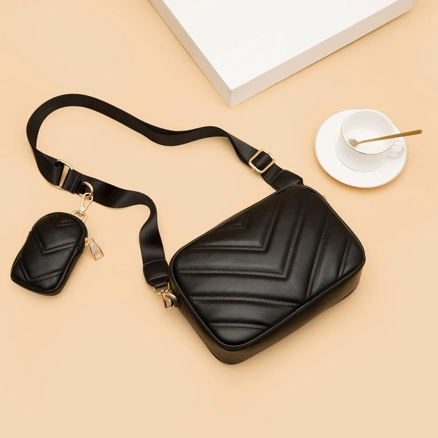 Herald Chevron Quilted Small Crossbody Bag with Coin Purse Pouch, Women Square Camera Side Shoulder 2 Size Handbags