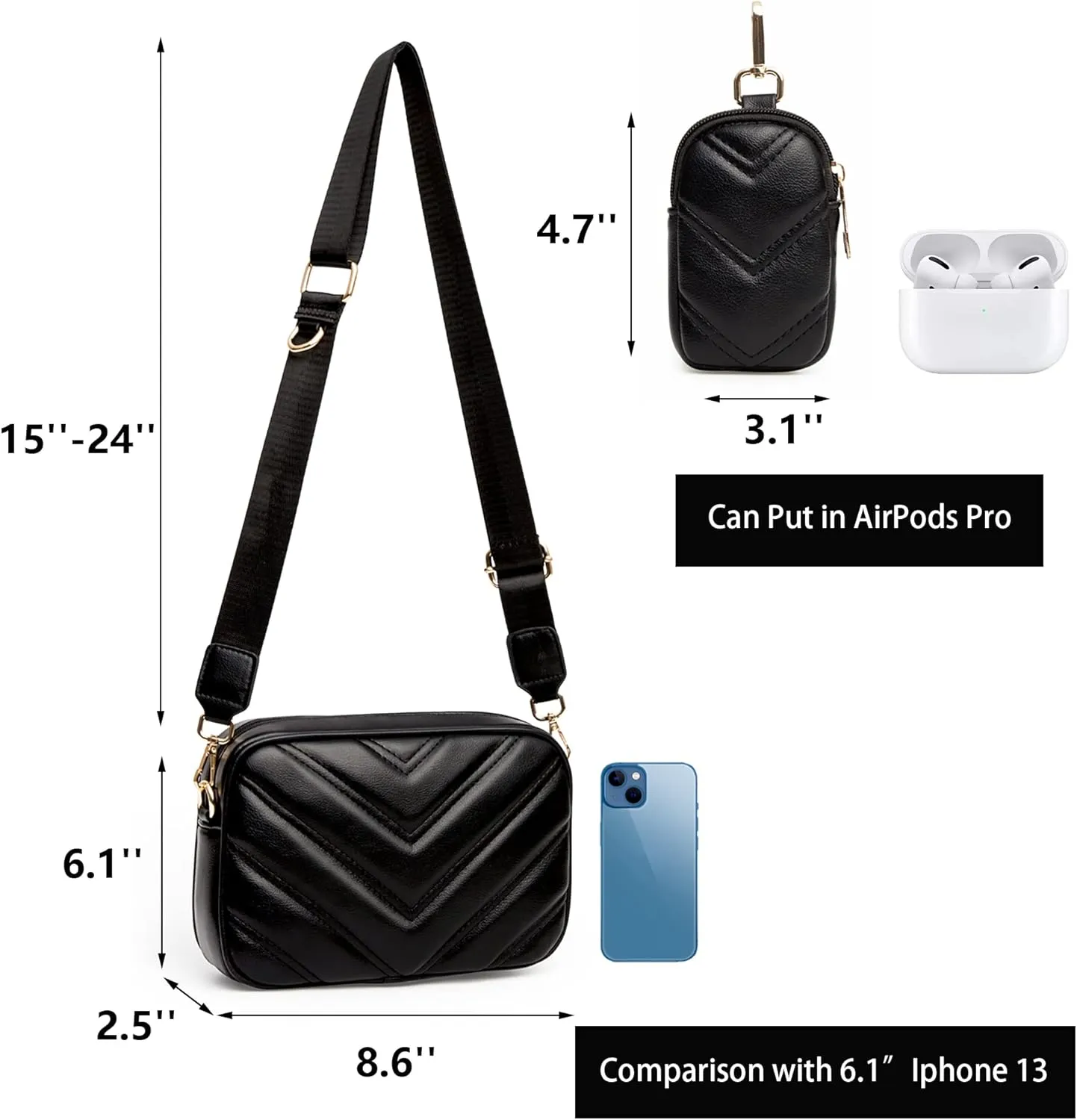 Herald Chevron Quilted Small Crossbody Bag with Coin Purse Pouch, Women Square Camera Side Shoulder 2 Size Handbags