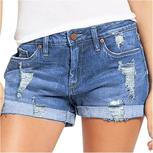 HGps8w Womens Teen Girls Chic Jean Shorts Distressed Ripped Denim Shorts High Waisted Casual Summer Streetwear Shorts