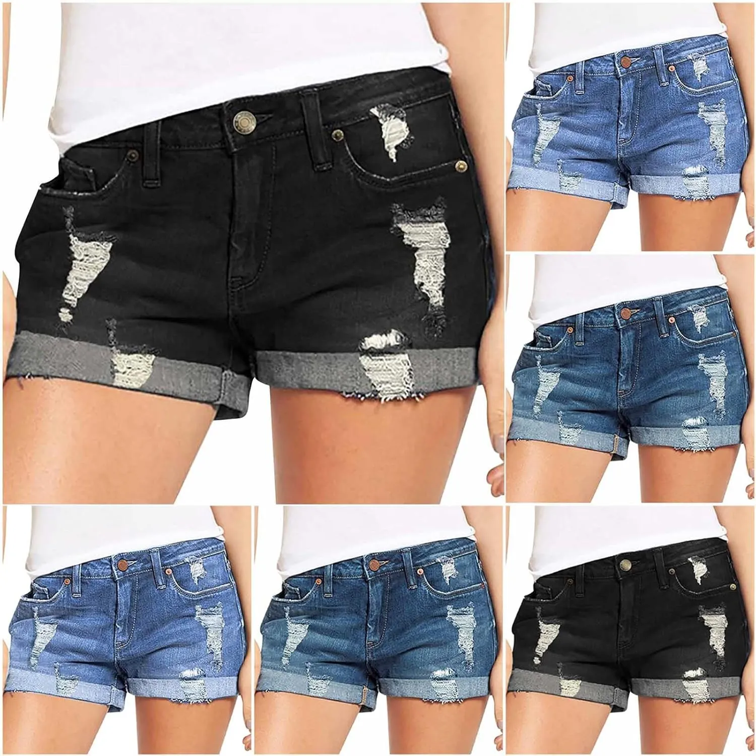 HGps8w Womens Teen Girls Chic Jean Shorts Distressed Ripped Denim Shorts High Waisted Casual Summer Streetwear Shorts
